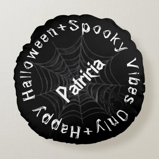Almofada Redonda Black & White Spookes Vibes Happy Halloween (Frente)