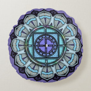 Almofada Redonda Black White Yin Yang na Lavanda Aqua Mandala