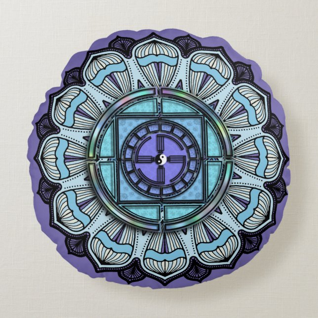 Almofada Redonda Black White Yin Yang na Lavanda Aqua Mandala (Frente)