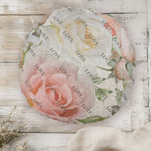 Almofada Redonda Blooms of Love: Rosa and White Roses On Linen