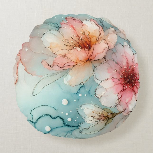 Almofada Redonda Blossomas no sangue: um design de tinta a álcool d (Frente)