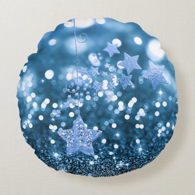 Almofada Redonda Blue Bokeh Faux Glitter & Stars (Frente)