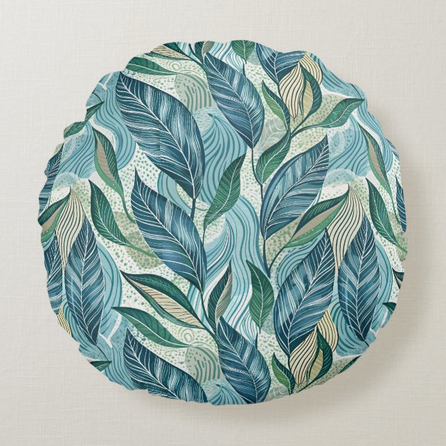 Almofada Redonda Blue Botanical Wave Modern Pattern (Frente)
