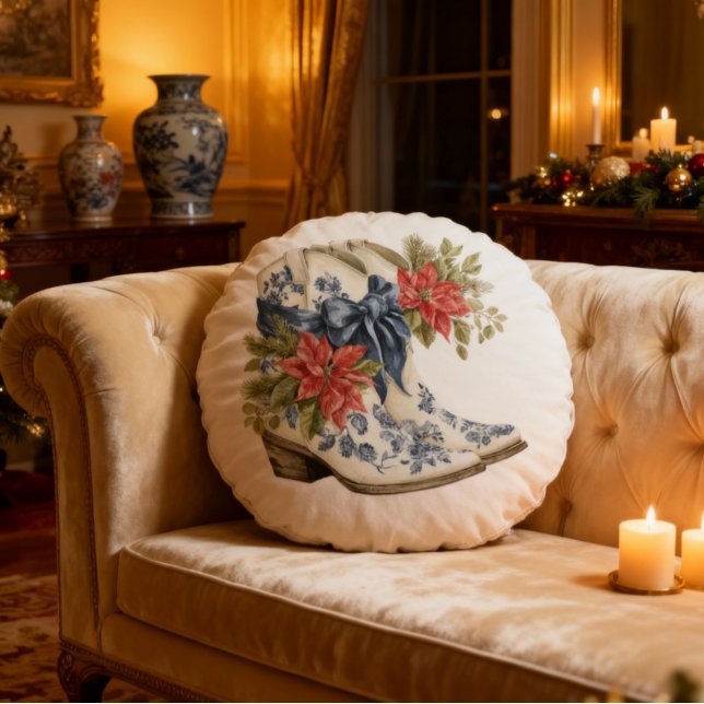 Almofada Redonda Blue Chinoiserie Christmas Cowgirl Boots Pillow (Cozy Sofa with Chinoiserie Luxury Decor)