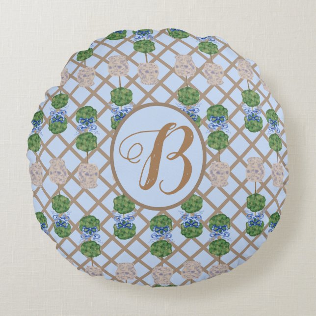 Almofada Redonda Blue Chinoiserie Ginger Jar Jars Cesto Topiário Ro (Frente)