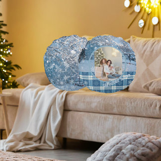 Almofada Redonda Blue Cozy Plaid Snowy Winter Photo Christmas 
