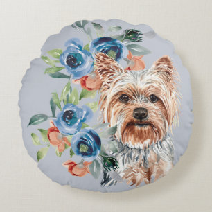 Almofada Redonda Blue Floral Buquê Yorkshire Terrier