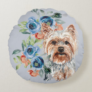 Almofada Redonda Blue Floral Buquê Yorkshire Terrier
