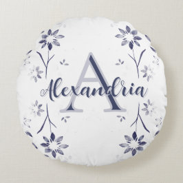 Almofada Redonda Blue Floral Personalized Monogram Name
