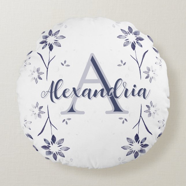 Almofada Redonda Blue Floral Personalized Monogram Name (Frente)