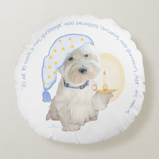 Almofada Redonda Blue Goodnight Westie com Vela (Frente)
