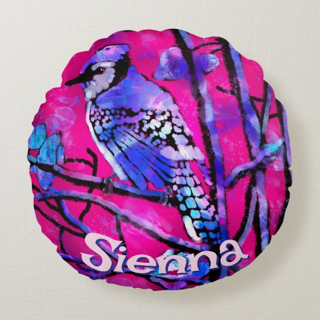 Almofada Redonda Blue Jay Bird Tree Branch Pink Personalized  (Frente)