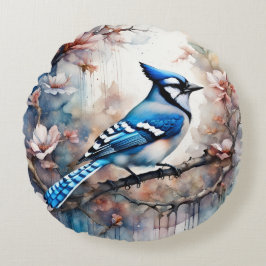 Almofada Redonda Blue Jay Cherry Blossoms aquarela
