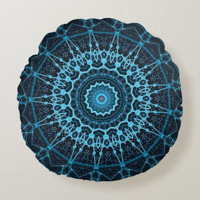 Almofada Redonda Blue Mandala Net Retro Hippie Trippy Boho Chic (Frente)