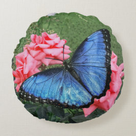Almofada Redonda Blue Morpho Butterfly Arte Floral