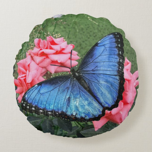 Almofada Redonda Blue Morpho Butterfly Arte Floral (Frente)