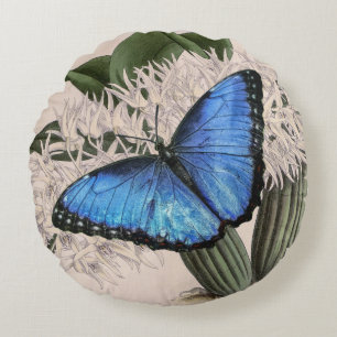 Almofada Redonda Blue Morpho Butterfly Arte Floral