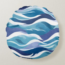 Almofada Redonda Blue Ocean Waves | Modern Simplistic Watercolor 