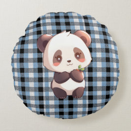 Almofada Redonda Blue Plaid Panda Throw Pillow