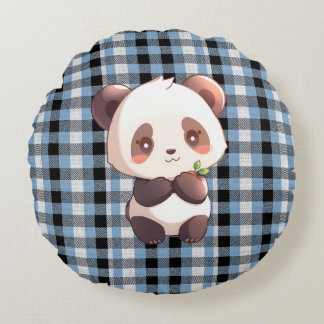 Almofada Redonda Blue Plaid Panda Throw Pillow