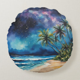 Almofada Redonda Blue Purple Night Sky Stars Palmeiras Tropicais de