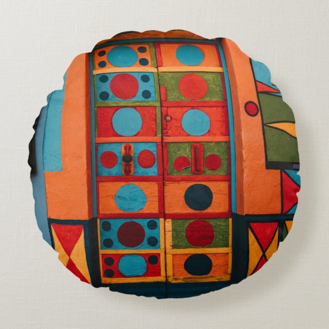 ALMOFADA REDONDA BLUE RED AND YELLOW ABSTRACT PAINTING (Frente)