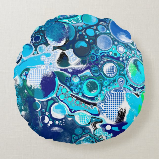 Almofada Redonda Blue Sea Bubbles Abstrato Art (Frente)