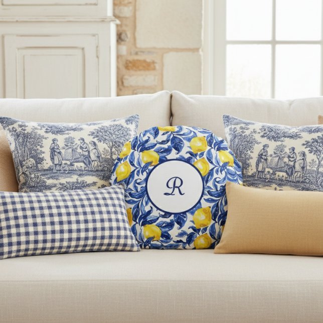 Almofada Redonda Blue Watercolor Lemon Pattern Monogram (Criador carregado)