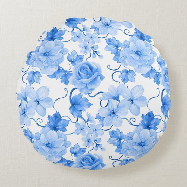 Almofada Redonda Blue & White Chinoiserie Floral Botanical Print (Frente)