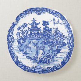 Almofada Redonda Blue Willow Deer Herd Antique Pagoda Phoenix