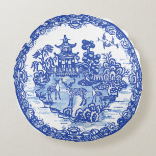 Almofada Redonda Blue Willow Deer Herd Antique Pagoda Phoenix
