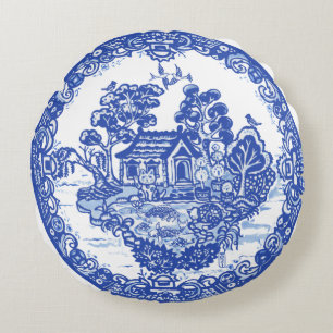 Almofada Redonda Blue Willow Lucky Cat Koi Pond China Templo Único