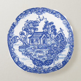 Almofada Redonda Blue Willow Lucky Cat Koi Pond China Templo Único