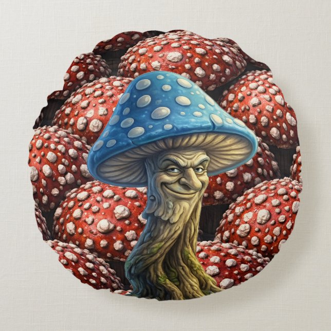 Almofada Redonda Blue wizard, mushroom whimsical forest fantasy (Frente)