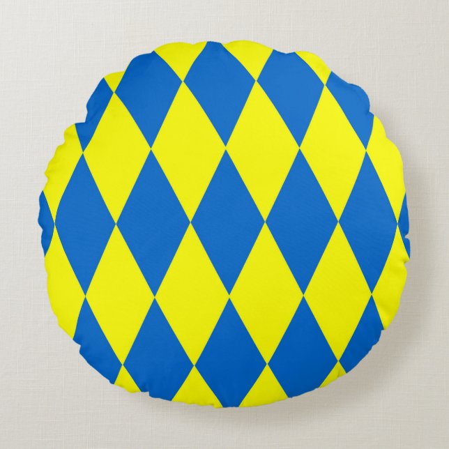 Almofada Redonda Blue Yellow Harlequin Checkered Design  (Frente)