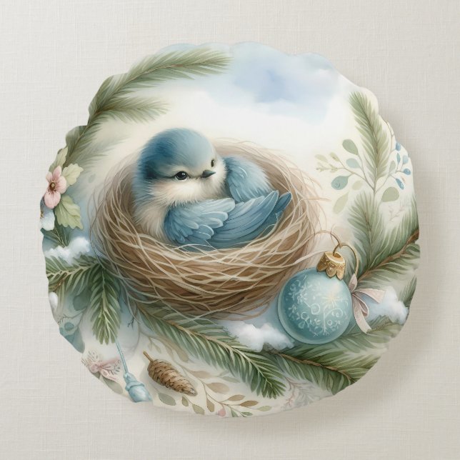 Almofada Redonda Bluebird Nest with Ornaments in Winter Pines (Frente)