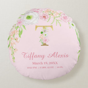 Almofada Redonda Blush Rosa Dourado Monograma "T" Estatísticas de M