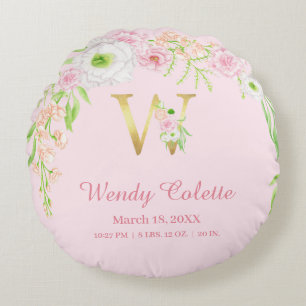 Almofada Redonda Blush Rosa Dourado Monograma "W" Estatísticas de M