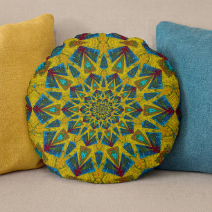Almofada Redonda Boêmia Hippie Azul Amarelo Amarelo Floral Tribal