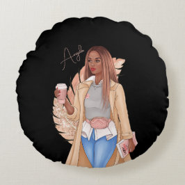 Almofada Redonda Bohemian Faux Glitter Girl Tan Hair Brown Rosa