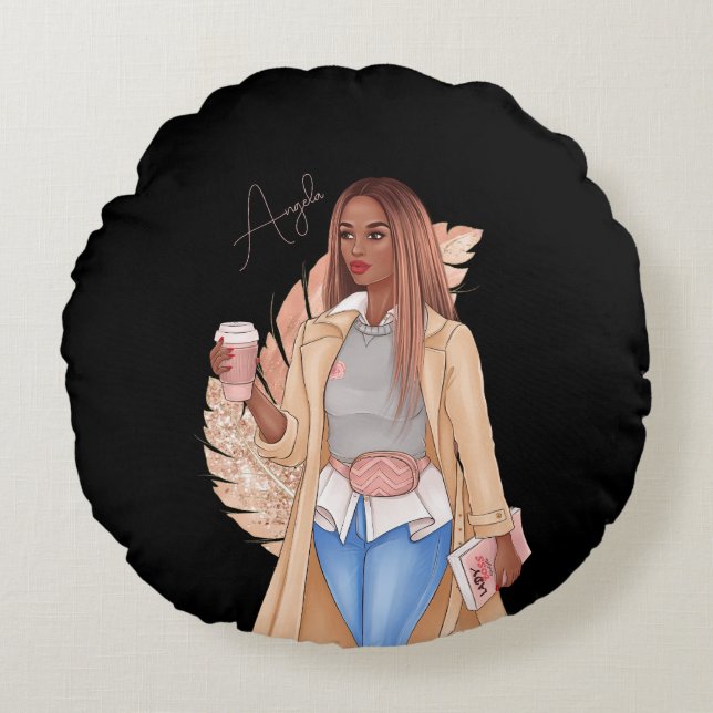 Almofada Redonda Bohemian Faux Glitter Girl Tan Hair Brown Rosa (Frente)