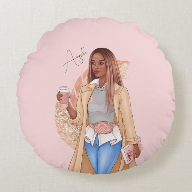 Almofada Redonda Bohemian Faux Glitter Girl Tan Hair Pink (Frente)