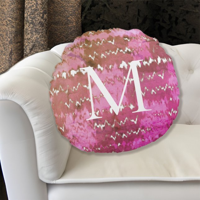 Almofada Redonda Boho Abstrato Pink Tie Dye Pattern Monograma (Boho Abstract Pink Tie Dye Pattern Monogrammed Round Pillow)