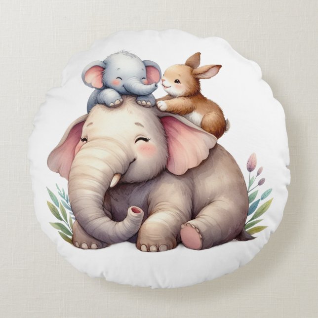 Almofada Redonda Boho Baby Room Decor | Elephant and baby bunny |  (Frente)