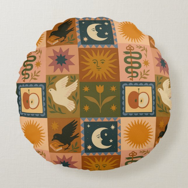 Almofada Redonda Boho Celestial | Sol e Lua Retrospectiva (Frente)