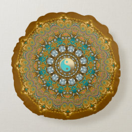 Almofada Redonda Boho Dourado Turquoise Yin Yang Jewel Mandala