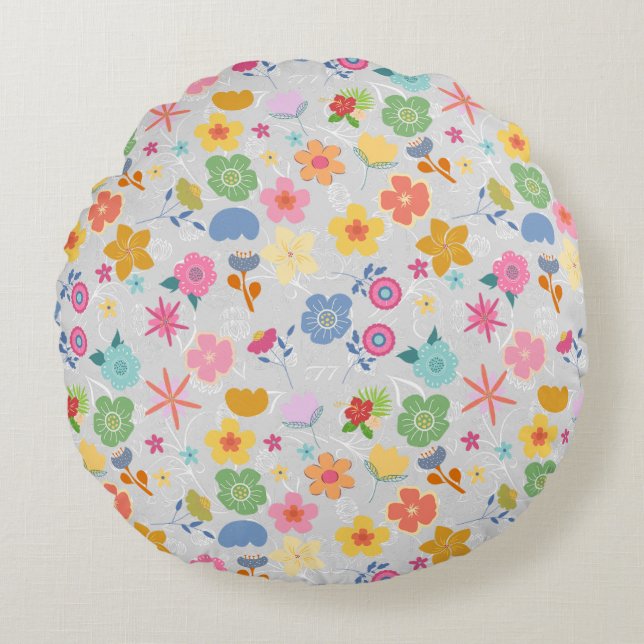Almofada Redonda Boho Flowers Padrão B01.w LGrey BG (Frente)