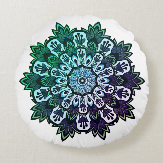 Almofada Redonda Boho Green Purple Tropical Leaf Mandala (Frente)