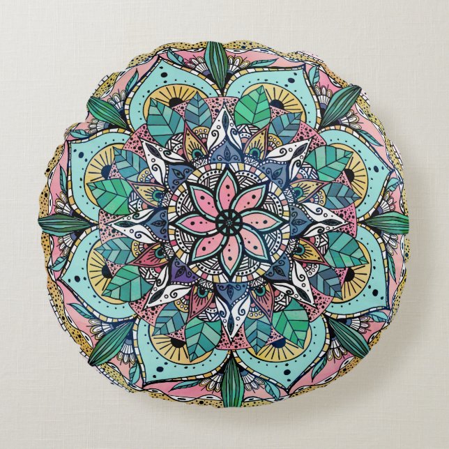 Almofada Redonda Boho Mandala Colorida Watercolor Floral (Frente)