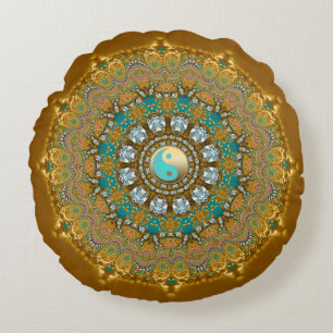 Almofada Redonda Boho Ouro Turquesa Yin Yang Jóia Mandala